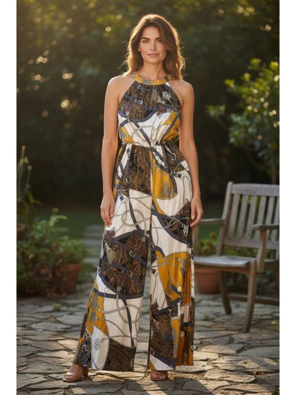 Chain Scarfprint One Piece Halter Jumpsuit Womens S-M Yellow Flare Equestrian
